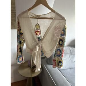 Elan Crochet Western Festival Top S Boho Tie Front Bell Sleeve